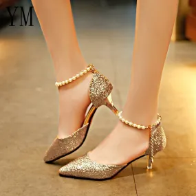Pointed Toe Pearl High Heels Shoes Female Fashion Hollow with Sandals Paillette of The Thin Breathable Shoes Women Pumps Shoes