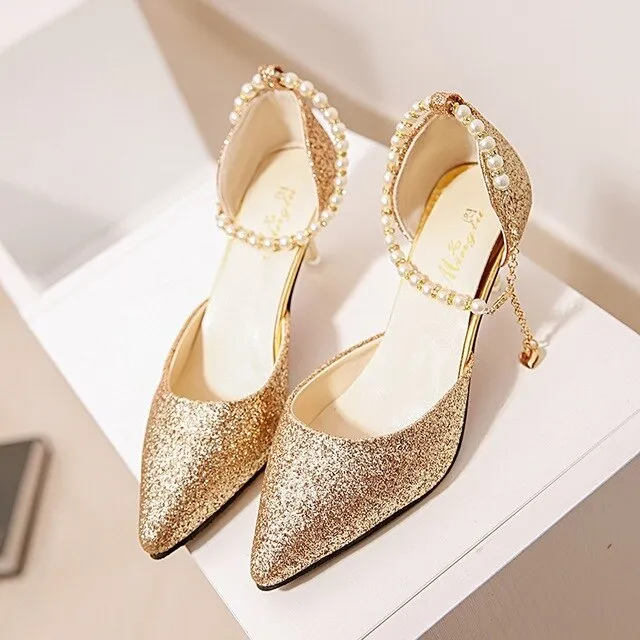 Pointed Toe Pearl High Heels Shoes Female Fashion Hollow with Sandals Paillette of The Thin Breathable Shoes Women Pumps Shoes