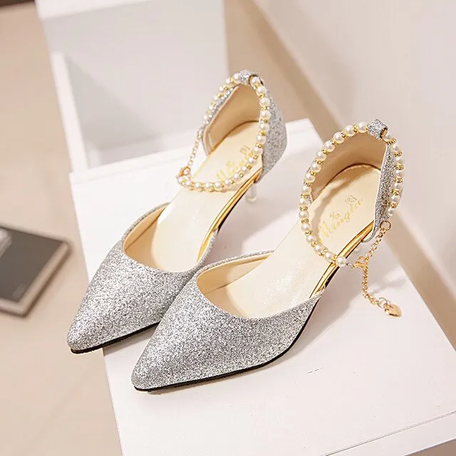Pointed Toe Pearl High Heels Shoes Female Fashion Hollow with Sandals Paillette of The Thin Breathable Shoes Women Pumps Shoes