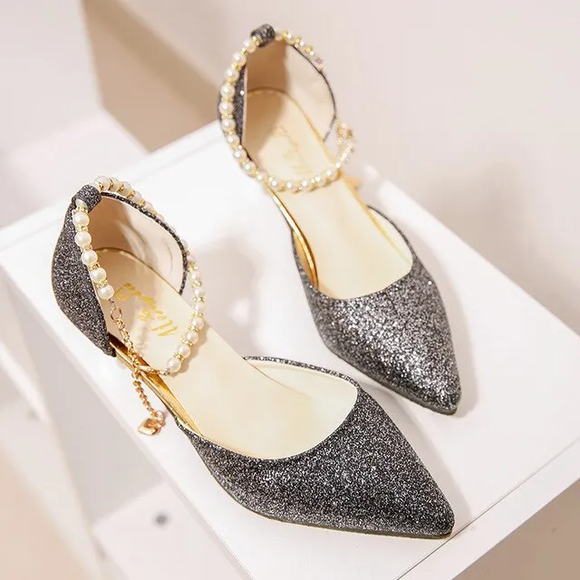 Pointed Toe Pearl High Heels Shoes Female Fashion Hollow with Sandals Paillette of The Thin Breathable Shoes Women Pumps Shoes
