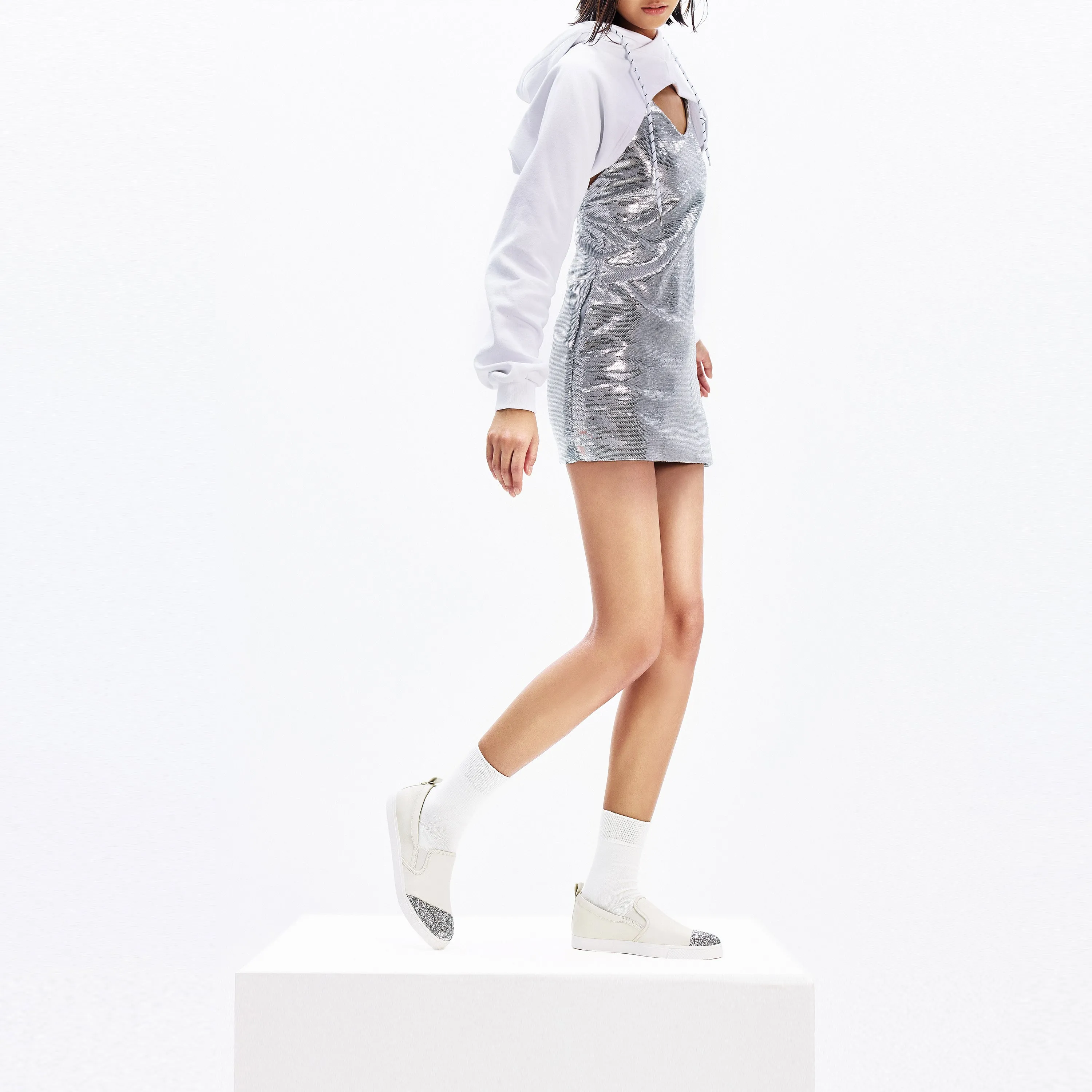 Silver Glitter Toe Cap Leather Slip On