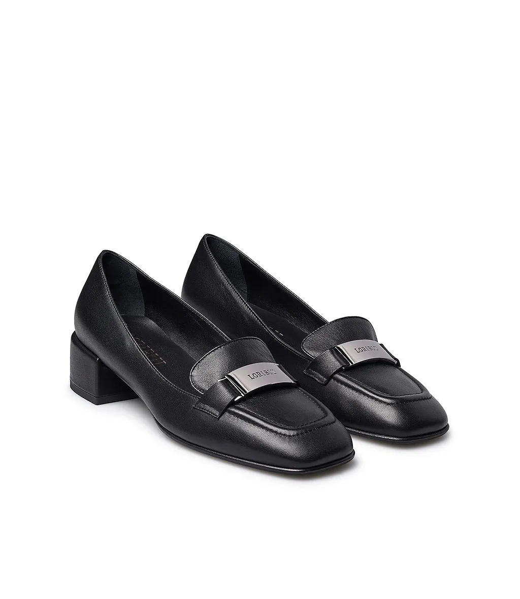 Silver-toned logo plaque black nappa leather loafers