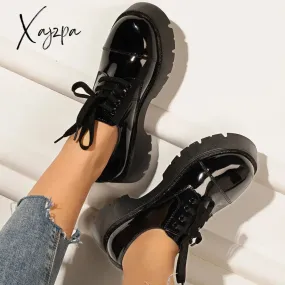 Xajzpa - Women Black Platform Chunky Heel Loafers Lace Up Lug Sole Shoes